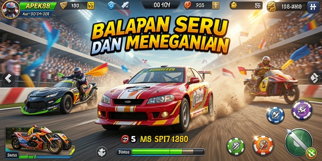 Screenshot gameplay APEK88 dengan balapan yang seru dan mendebarkan.
