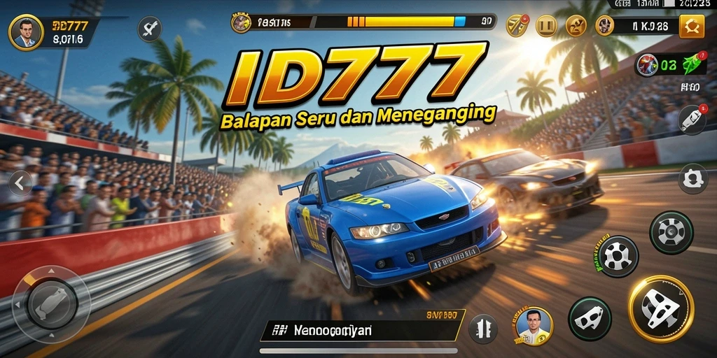 Tangkapan layar gameplay ID777 dengan mobil balap yang melaju kencang di trek menantang.