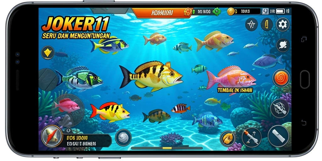 Screenshot menunjukkan gameplay seru JOKER11 dalam menembak ikan.