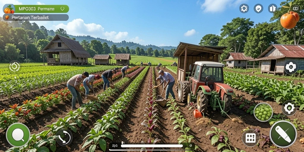 Screenshot MPO303 menampilkan aktivitas seru di lahan pertanian.