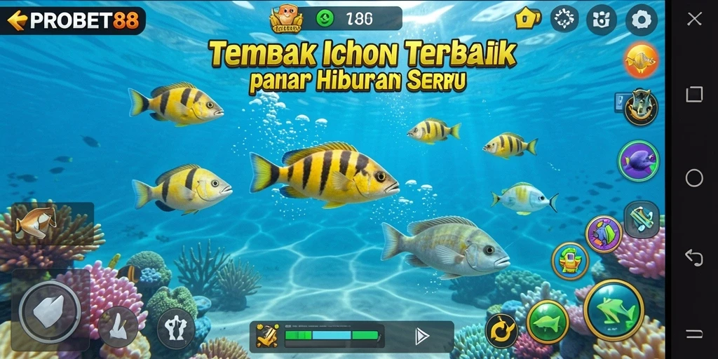 Screenshot gameplay PROBET88 menampilkan aksi seru saat menembak ikan.