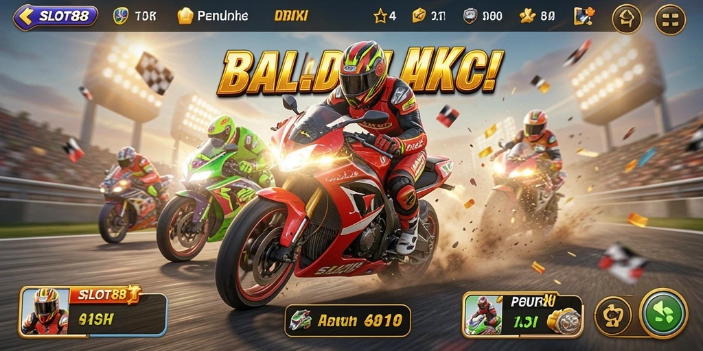Screenshot dari gameplay balapan motor yang mendebarkan di SLOT88.