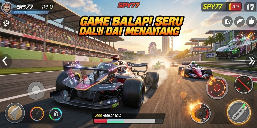 Tangkapan layar gameplay SPY77 menampilkan aksi balap yang mendebarkan.